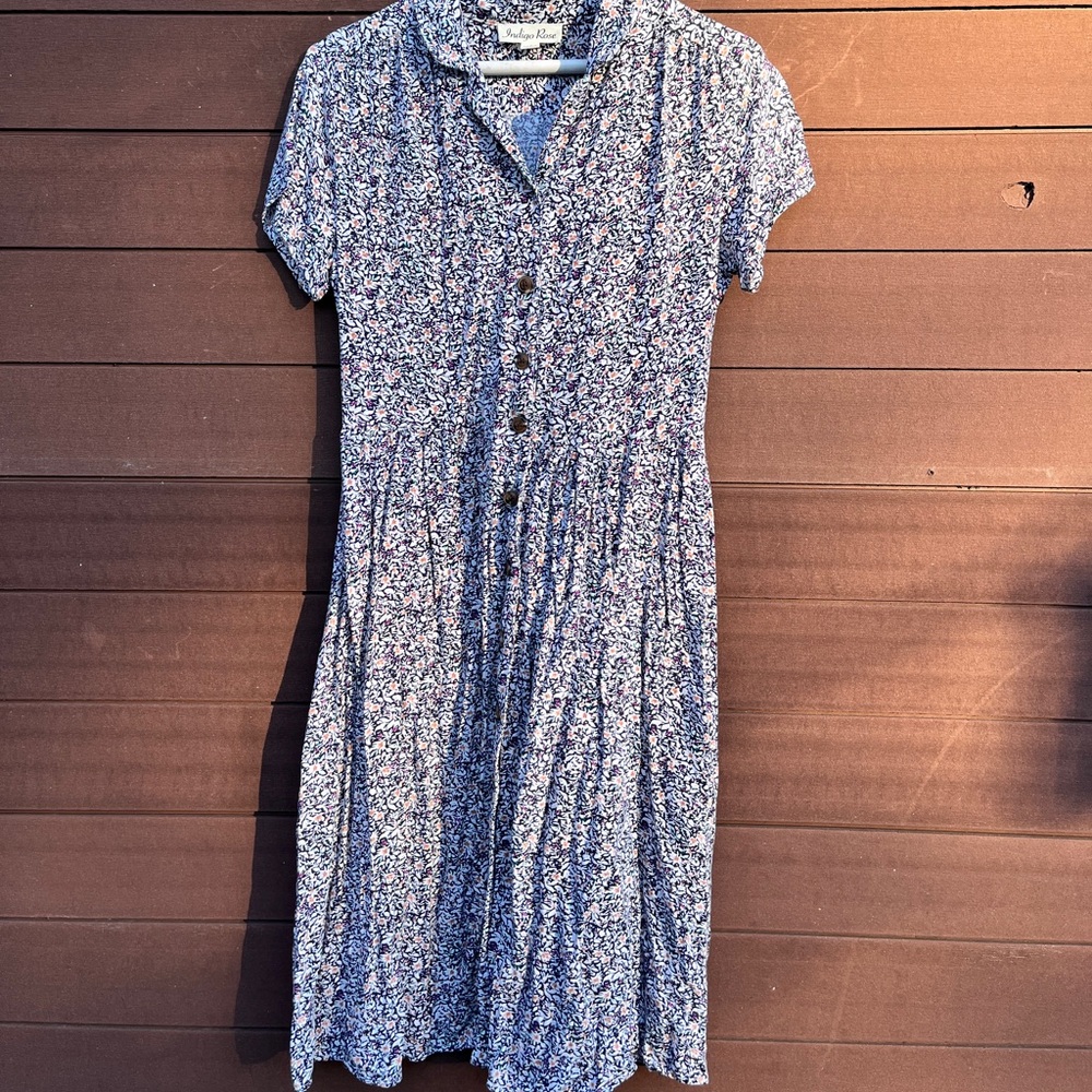 Vintage Floral Blue Button-Up Dress